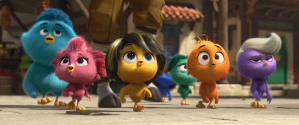 Colorful birds walk in a group in "Out of the Nest".