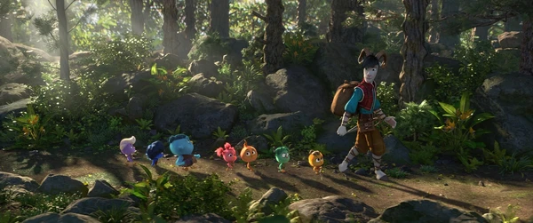 A character and colorful creatures walk in forest in "Out of the Nest".
